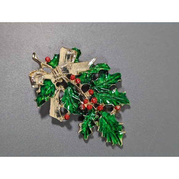 Vintage Christmas Mistletoe Green Leaf Bow Pin Brooch Gold Tone - Picture 2 of 7